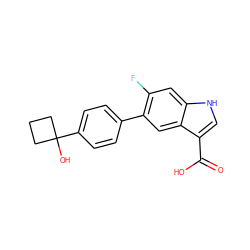 O=C(O)c1c[nH]c2cc(F)c(-c3ccc(C4(O)CCC4)cc3)cc12 ZINC000205351869