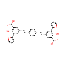 O=C(O)c1cc(/C=C/c2ccc(/C=C/c3cc(C(=O)O)c(O)c(-c4ccco4)c3)cc2)cc(-c2ccco2)c1O ZINC000044358761