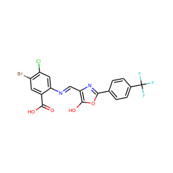 O=C(O)c1cc(Br)c(Cl)cc1/N=C/c1nc(-c2ccc(C(F)(F)F)cc2)oc1O ZINC000013588216