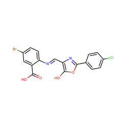 O=C(O)c1cc(Br)ccc1/N=C/c1nc(-c2ccc(Cl)cc2)oc1O ZINC000013588213