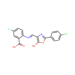 O=C(O)c1cc(F)ccc1/N=C/c1nc(-c2ccc(Cl)cc2)oc1O ZINC000013588212