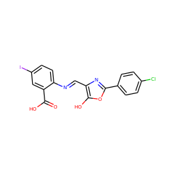 O=C(O)c1cc(I)ccc1/N=C/c1nc(-c2ccc(Cl)cc2)oc1O ZINC000013588214