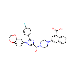 O=C(O)c1cc(N2CCN(C(=O)c3cn(-c4ccc5c(c4)OCCO5)c(-c4ccc(F)cc4)n3)CC2)cc2ccccc12 ZINC000042834112