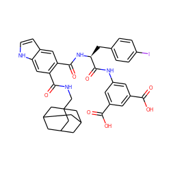 O=C(O)c1cc(NC(=O)[C@H](Cc2ccc(I)cc2)NC(=O)c2cc3cc[nH]c3cc2C(=O)NCC23CC4CC(CC(C4)C2)C3)cc(C(=O)O)c1 ZINC000095607723