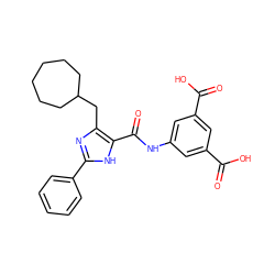 O=C(O)c1cc(NC(=O)c2[nH]c(-c3ccccc3)nc2CC2CCCCCC2)cc(C(=O)O)c1 ZINC000013674671