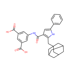 O=C(O)c1cc(NC(=O)c2cc(-c3ccccc3)[nH]c2CC23CC4CC(CC(C4)C2)C3)cc(C(=O)O)c1 ZINC000013674658