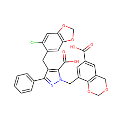 O=C(O)c1cc2c(c(Cn3nc(-c4ccccc4)c(Cc4cc5c(cc4Cl)OCO5)c3C(=O)O)c1)OCOC2 ZINC000026575806