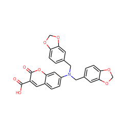 O=C(O)c1cc2ccc(N(Cc3ccc4c(c3)OCO4)Cc3ccc4c(c3)OCO4)cc2oc1=O ZINC000205347924