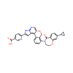 O=C(O)c1ccc(-c2cc3c(-c4cccc(N5CCOc6cc(C7CC7)ccc6C5=O)c4CO)ccnc3[nH]2)nc1 ZINC000224787589