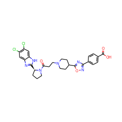 O=C(O)c1ccc(-c2noc(C3CCN(CCC(=O)N4CCC[C@H]4c4nc5cc(Cl)c(Cl)cc5[nH]4)CC3)n2)cc1 ZINC000066077854