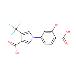 O=C(O)c1ccc(-n2cc(C(=O)O)c(C(F)(F)F)c2)cc1O ZINC000200827348