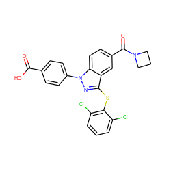 O=C(O)c1ccc(-n2nc(Sc3c(Cl)cccc3Cl)c3cc(C(=O)N4CCC4)ccc32)cc1 ZINC001772570213