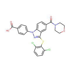 O=C(O)c1ccc(-n2nc(Sc3c(Cl)cccc3Cl)c3cc(C(=O)N4CCOCC4)ccc32)cc1 ZINC001772654764