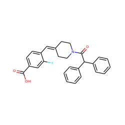 O=C(O)c1ccc(C=C2CCN(C(=O)C(c3ccccc3)c3ccccc3)CC2)c(F)c1 ZINC000013475203