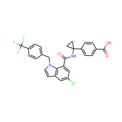 O=C(O)c1ccc(C2(NC(=O)c3cc(Cl)cc4ccn(Cc5ccc(C(F)(F)F)cc5)c34)CC2)cc1 ZINC000043199516