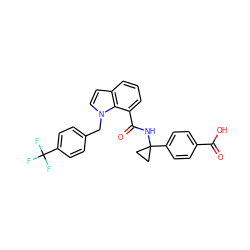 O=C(O)c1ccc(C2(NC(=O)c3cccc4ccn(Cc5ccc(C(F)(F)F)cc5)c34)CC2)cc1 ZINC000043199517