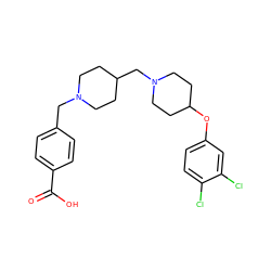 O=C(O)c1ccc(CN2CCC(CN3CCC(Oc4ccc(Cl)c(Cl)c4)CC3)CC2)cc1 ZINC000095577309