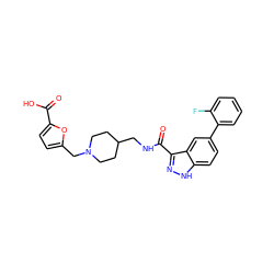 O=C(O)c1ccc(CN2CCC(CNC(=O)c3n[nH]c4ccc(-c5ccccc5F)cc34)CC2)o1 ZINC000220804427