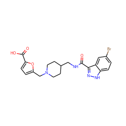 O=C(O)c1ccc(CN2CCC(CNC(=O)c3n[nH]c4ccc(Br)cc34)CC2)o1 ZINC000220769479