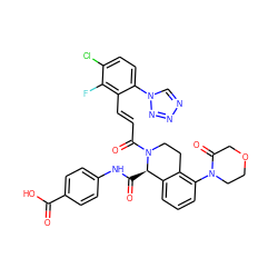 O=C(O)c1ccc(NC(=O)[C@@H]2c3cccc(N4CCOCC4=O)c3CCN2C(=O)/C=C/c2c(-n3cnnn3)ccc(Cl)c2F)cc1 ZINC001772585085