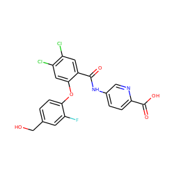 O=C(O)c1ccc(NC(=O)c2cc(Cl)c(Cl)cc2Oc2ccc(CO)cc2F)cn1 ZINC000218493752