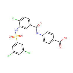 O=C(O)c1ccc(NC(=O)c2ccc(Cl)c(NS(=O)(=O)c3cc(Cl)cc(Cl)c3)c2)cc1 ZINC000135782719