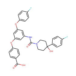 O=C(O)c1ccc(Oc2cc(NC(=O)N3CCC(O)(c4ccc(F)cc4)CC3)cc(Oc3ccc(F)cc3)c2)cc1 ZINC000205283211