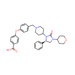 O=C(O)c1ccc(Oc2ccc(CN3CCC(N4C(=O)N(C5CCOCC5)C[C@H]4c4ccccc4)CC3)cc2)cc1 ZINC000059635754