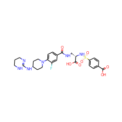 O=C(O)c1ccc(S(=O)(=O)N[C@@H](CNC(=O)c2ccc(N3CCC(NC4=NCCCN4)CC3)c(F)c2)C(=O)O)cc1 ZINC000071294763