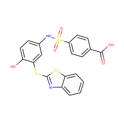 O=C(O)c1ccc(S(=O)(=O)Nc2ccc(O)c(Sc3nc4ccccc4s3)c2)cc1 ZINC000002866528