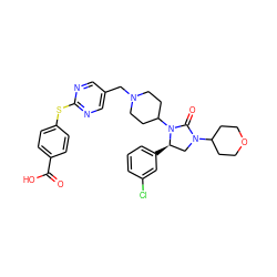 O=C(O)c1ccc(Sc2ncc(CN3CCC(N4C(=O)N(C5CCOCC5)C[C@H]4c4cccc(Cl)c4)CC3)cn2)cc1 ZINC000096285407