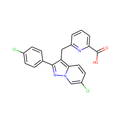 O=C(O)c1cccc(Cc2c(-c3ccc(Cl)cc3)nn3cc(Cl)ccc23)n1 ZINC000205658643