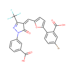 O=C(O)c1cccc(N2N=C(C(F)(F)F)/C(=C/c3ccc(-c4ccc(Br)cc4C(=O)O)o3)C2=O)c1 ZINC000014949031