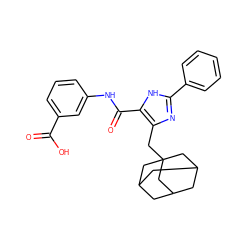 O=C(O)c1cccc(NC(=O)c2[nH]c(-c3ccccc3)nc2CC23CC4CC(CC(C4)C2)C3)c1 ZINC000028965324