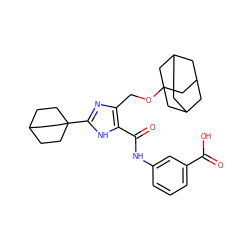 O=C(O)c1cccc(NC(=O)c2[nH]c(C34CCC(CC3)CC4)nc2COC23CC4CC(CC(C4)C2)C3)c1 ZINC000013674748