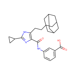 O=C(O)c1cccc(NC(=O)c2nc(C3CC3)[nH]c2CCC23CC4CC(CC(C4)C2)C3)c1 ZINC000013674735