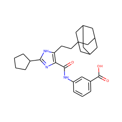 O=C(O)c1cccc(NC(=O)c2nc(C3CCCC3)[nH]c2CCC23CC4CC(CC(C4)C2)C3)c1 ZINC000013674736