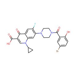 O=C(O)c1cn(C2CC2)c2cc(N3CCN(C(=O)c4cc(Br)ccc4O)CC3)c(F)cc2c1=O ZINC000653687507