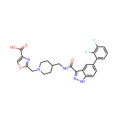 O=C(O)c1coc(CN2CCC(CNC(=O)c3n[nH]c4ccc(-c5cccc(F)c5F)cc34)CC2)n1 ZINC000220819683