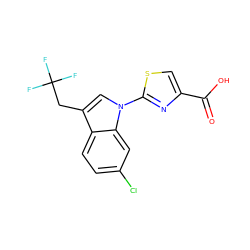 O=C(O)c1csc(-n2cc(CC(F)(F)F)c3ccc(Cl)cc32)n1 ZINC000029044360