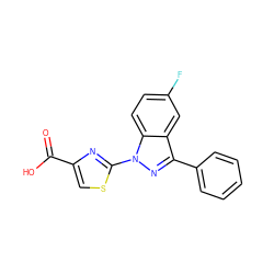 O=C(O)c1csc(-n2nc(-c3ccccc3)c3cc(F)ccc32)n1 ZINC000103254785