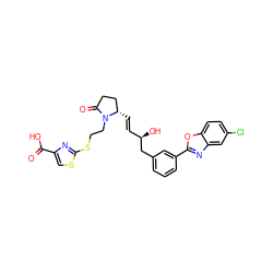 O=C(O)c1csc(SCCN2C(=O)CC[C@@H]2/C=C/[C@@H](O)Cc2cccc(-c3nc4cc(Cl)ccc4o3)c2)n1 ZINC000084709269