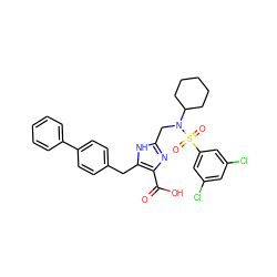 O=C(O)c1nc(CN(C2CCCCC2)S(=O)(=O)c2cc(Cl)cc(Cl)c2)[nH]c1Cc1ccc(-c2ccccc2)cc1 ZINC000029128558