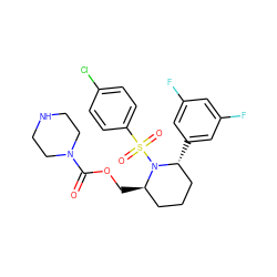 O=C(OC[C@@H]1CCC[C@@H](c2cc(F)cc(F)c2)N1S(=O)(=O)c1ccc(Cl)cc1)N1CCNCC1 ZINC000028879118