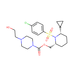 O=C(OC[C@H]1CCC[C@@H](C2CC2)N1S(=O)(=O)c1ccc(Cl)cc1)N1CCN(CCO)CC1 ZINC000028950654