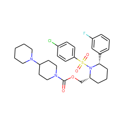 O=C(OC[C@H]1CCC[C@@H](c2cccc(F)c2)N1S(=O)(=O)c1ccc(Cl)cc1)N1CCC(N2CCCCC2)CC1 ZINC000028816528