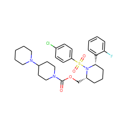 O=C(OC[C@H]1CCC[C@@H](c2ccccc2F)N1S(=O)(=O)c1ccc(Cl)cc1)N1CCC(N2CCCCC2)CC1 ZINC000028816508