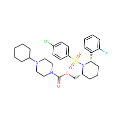 O=C(OC[C@H]1CCC[C@@H](c2ccccc2F)N1S(=O)(=O)c1ccc(Cl)cc1)N1CCN(C2CCCCC2)CC1 ZINC000028816506