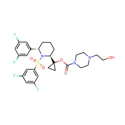 O=C(OC1([C@@H]2CCC[C@@H](c3cc(F)cc(F)c3)N2S(=O)(=O)c2cc(F)cc(F)c2)CC1)N1CCN(CCO)CC1 ZINC000028879760