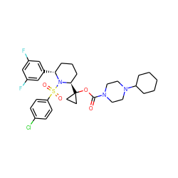 O=C(OC1([C@@H]2CCC[C@@H](c3cc(F)cc(F)c3)N2S(=O)(=O)c2ccc(Cl)cc2)CC1)N1CCN(C2CCCCC2)CC1 ZINC000028879326